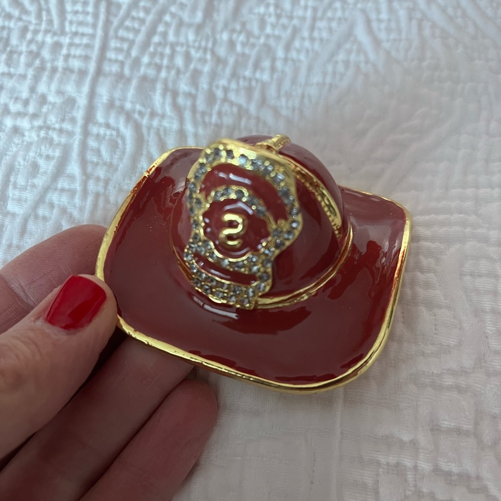 Small metal fire helmet box 2 1/2 inches work of art brand red